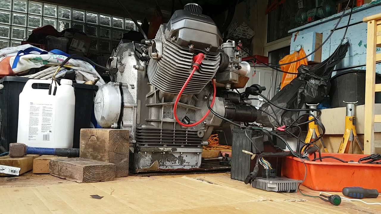 What a BEAST!!!!! first start Moto Guzzi V11 sport (1064cc) motor converted to fit 1977 Tonti frame.