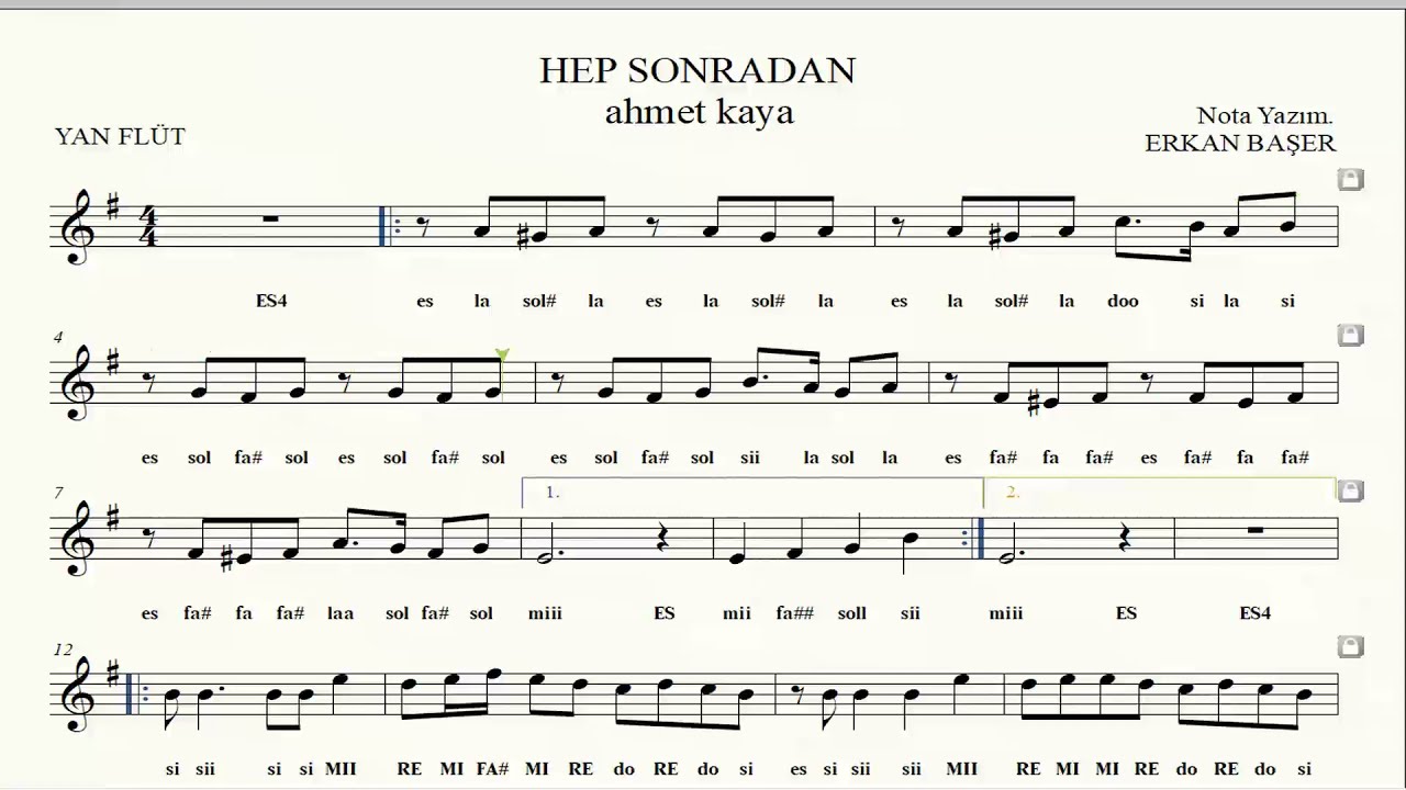 HEP SONRADAN ahmet kaya YAN FLÜT notaları EŞLİKLİ nota takipli