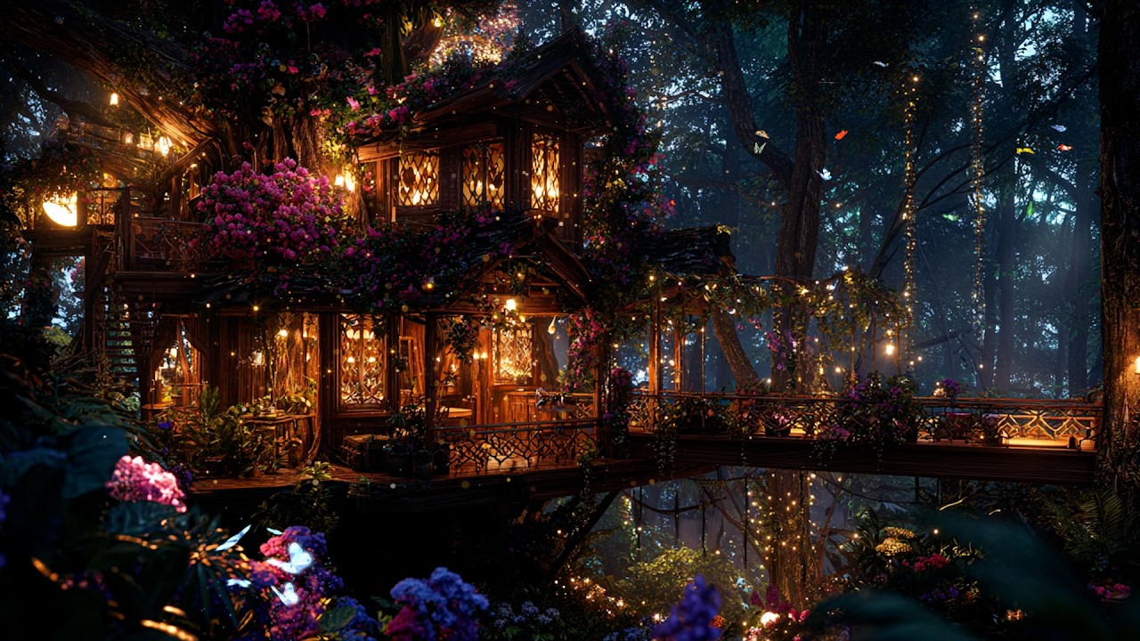 Magical Music | The Glowing Treehouse Bridge | Cozy Forest Night Ambience for Inner Calm