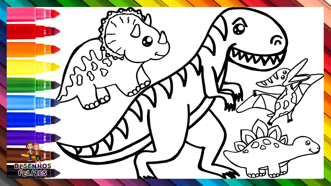 Desenhar e Colorir 5 Dinossauros 🦖🦕🌋 T REX e Mais 🌈 Desenhos para Crian&ccedil;as