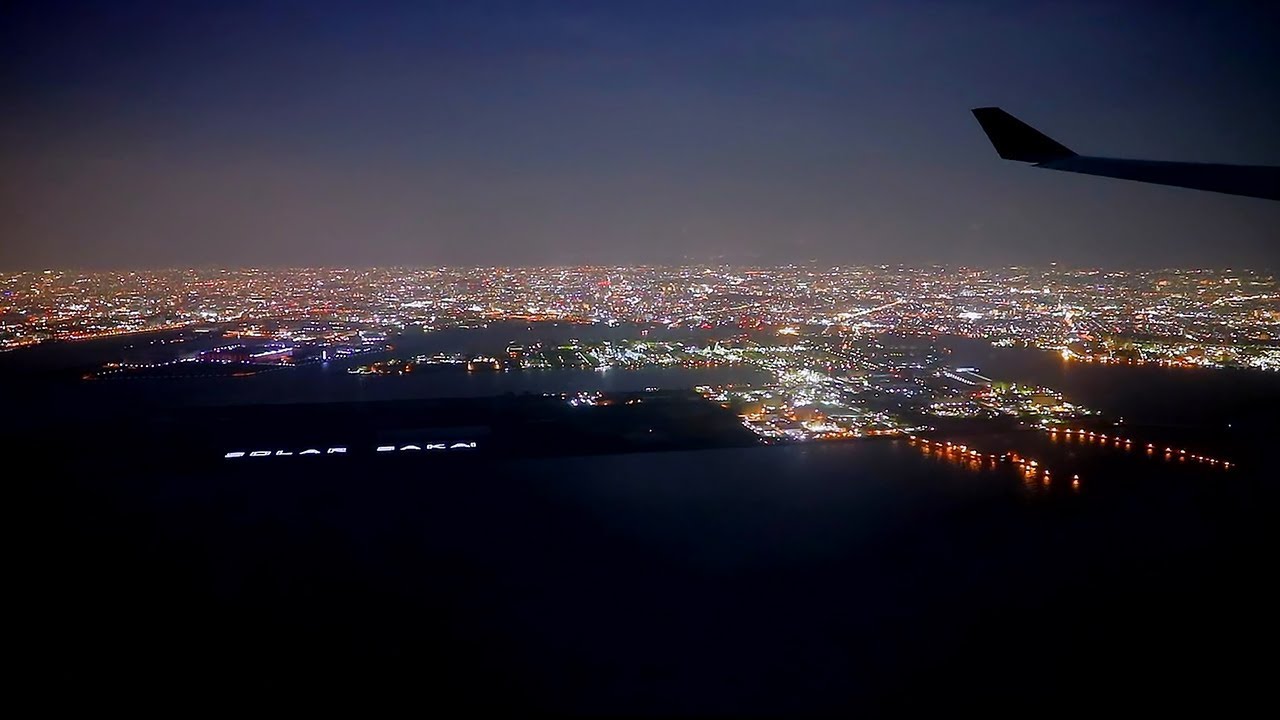 関西国際空港 夜間着陸 明石海峡～神戸～大阪 Night Landing at Kansai International Airport  Kobe Osaka Japan