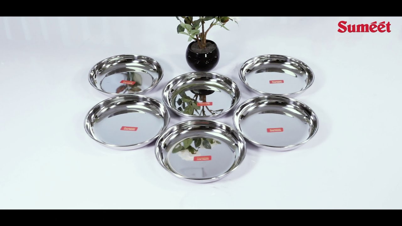 Sumeet Stainless Steel Heavy Gauge Medium Halwa Plates with Mirror finish 17cm Dia - Set of 6pc