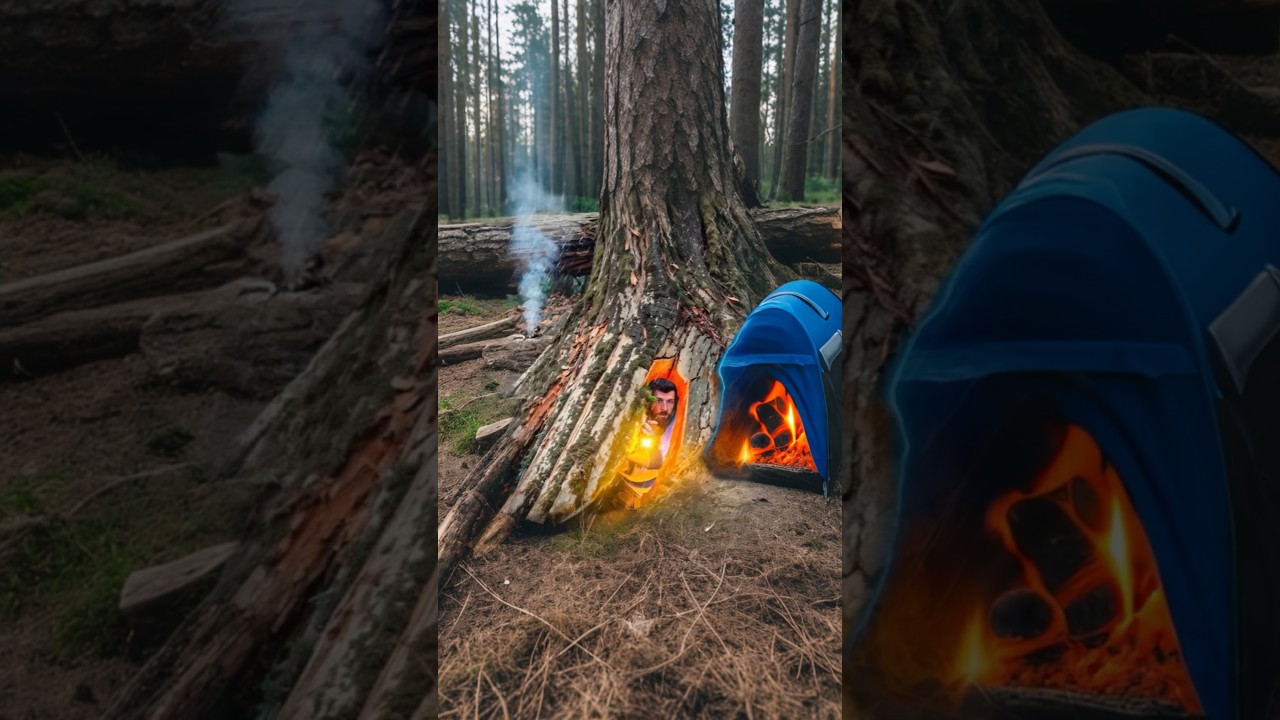 He Built a Secret House Inside a Tree 🌲🔥#shorts #campinglife #SylvaNomad #explorenature #primitive