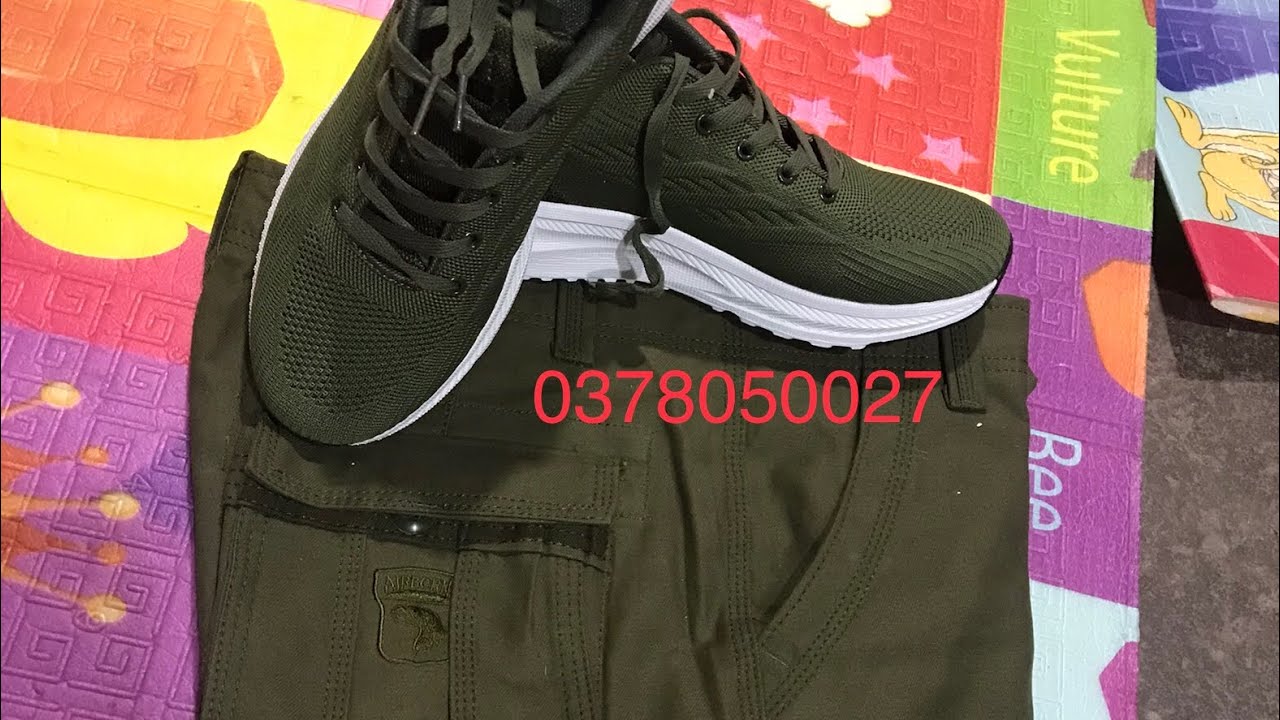 Giầy thể thao mầu xanh oliu + quần dài 6 túi oliu đã về đủ số ! Sdt 0378050027