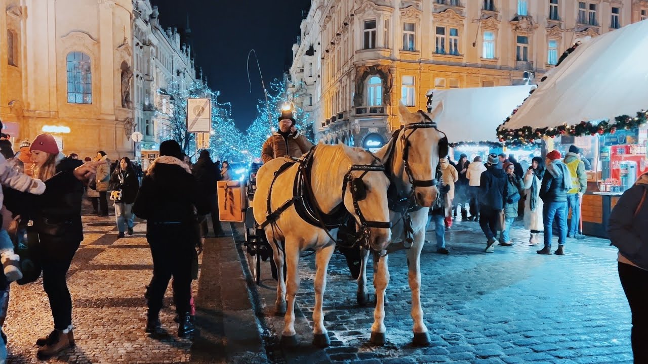 CHRISTMAS in PRAGUE ✨ Magical Night Walk By Xmas Markets, Trees & Lights - Snow Ambiance 4K ASMR