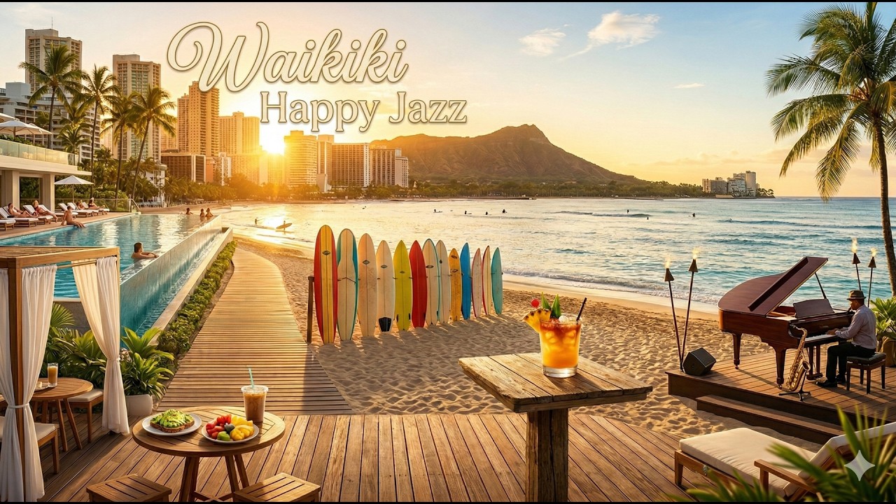 Waikiki Happy Jazz 🌴 Sunset Beach Café Vibes | Relaxing Tropical Smooth Jazz