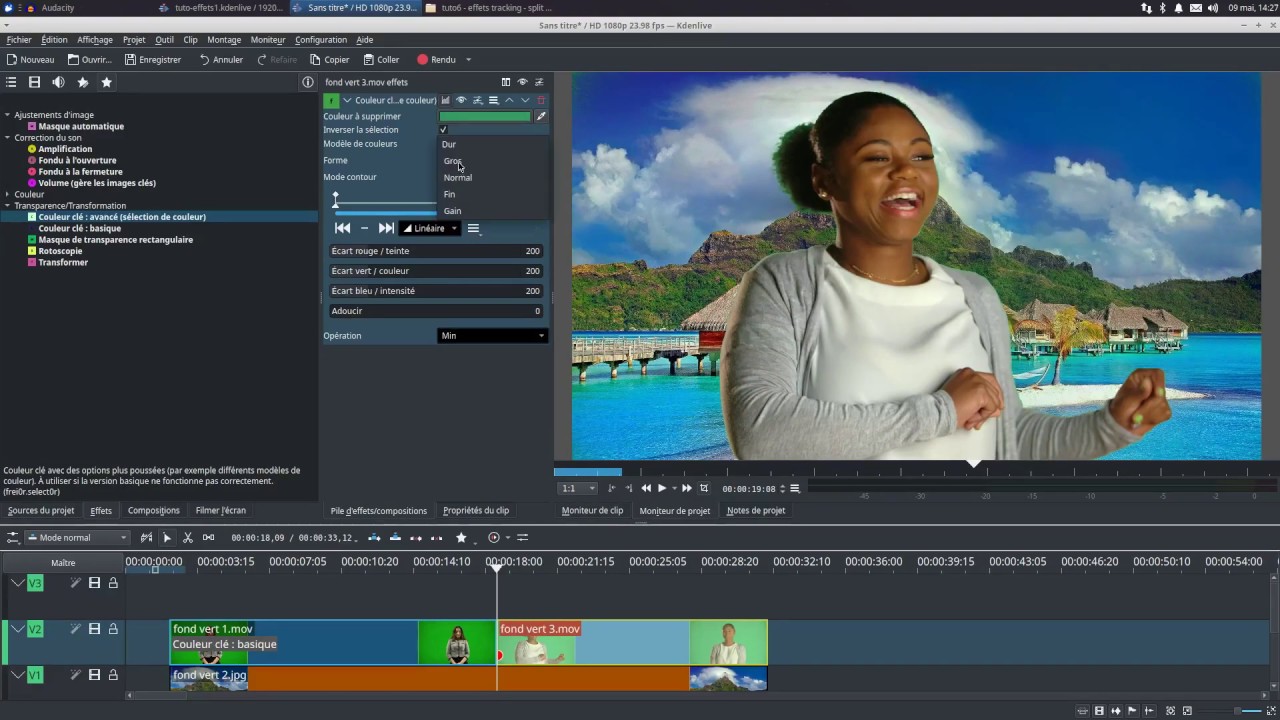Tuto effets dans kdenlive : écran divisé (split screen), tracking et fond vert