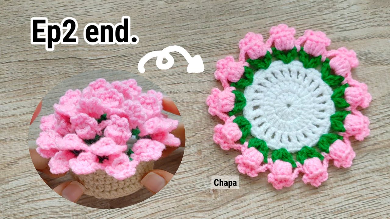 Ep2 end. Pot 💗 Crochet Flower Coaster and Pot Tutorial step by step #crochet