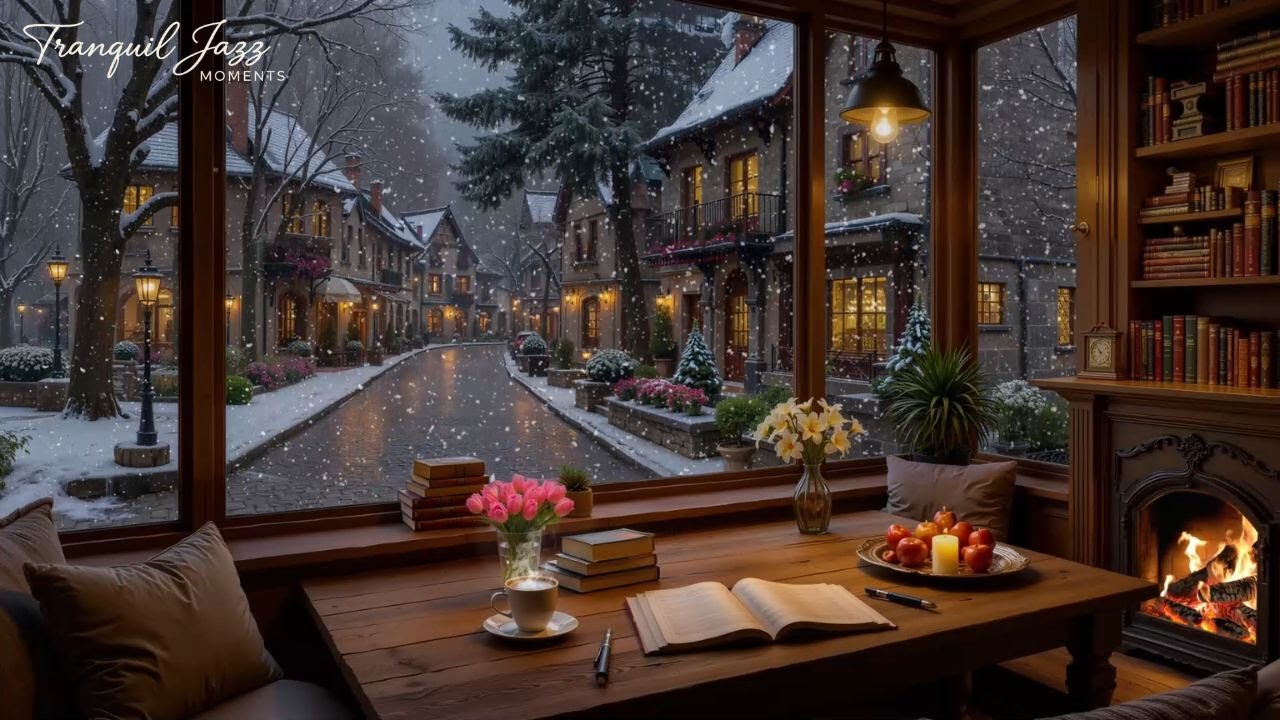 Jazz Music In A Cozy Café ⛄ Winter Snowfall & Fireplace Crackle For Calm & Relax