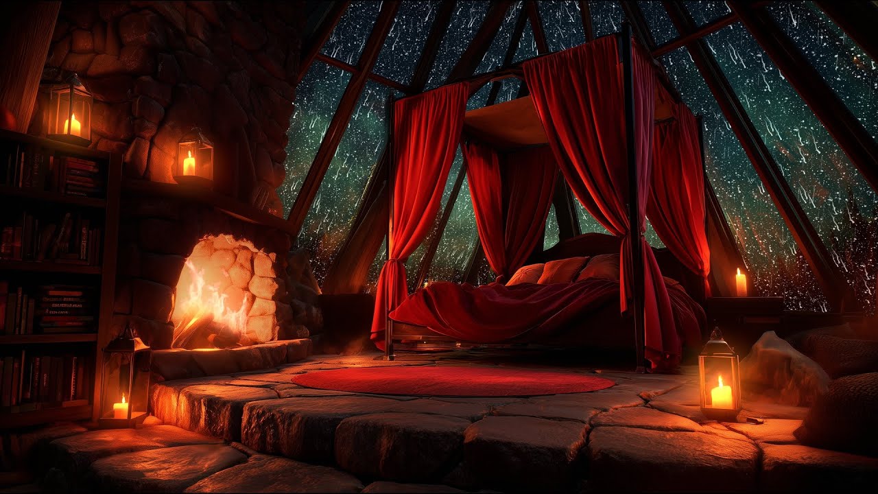 Thunderstorm Serenity - Rain and Fireplace Sounds in this Snug Little Castle Room