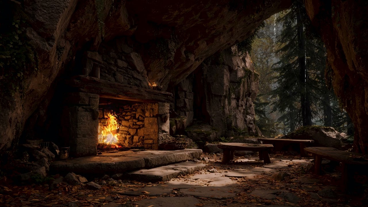Midnight Storm Shelter in a Forest Cave | Heavy Rain, Rolling Thunder & Warm Campfire Glow