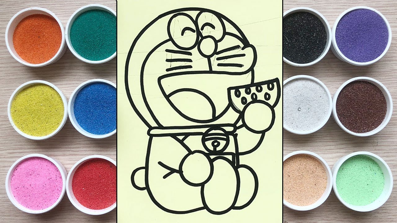 Chị Chim Xinh TÔ MÀU TRANH CÁT ĐÔRÊMON ĂN DƯA HẤU - Đồ chơi trẻ em - Colored Sand Painting Toys