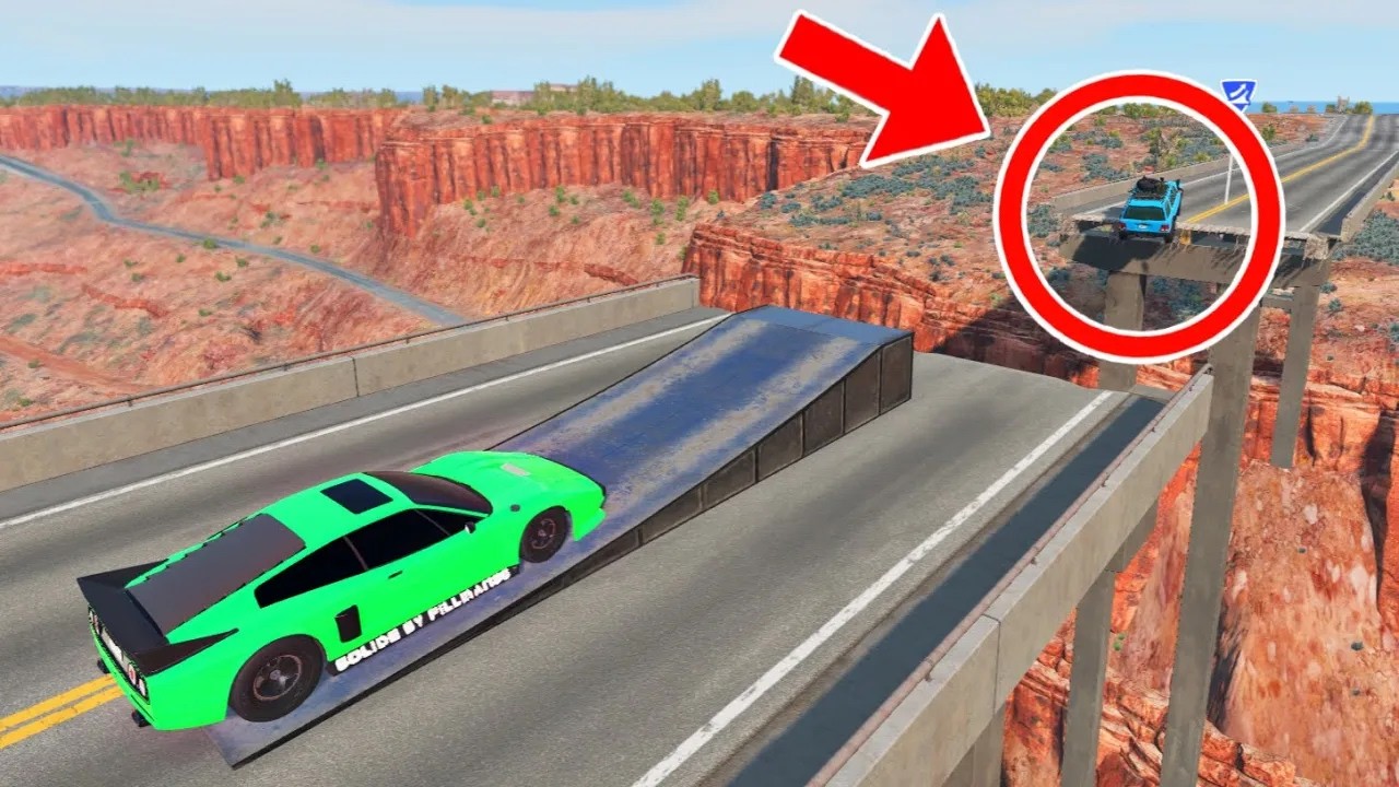 Cars vs Broken Bridge & Trampoline - BeamNG Drive