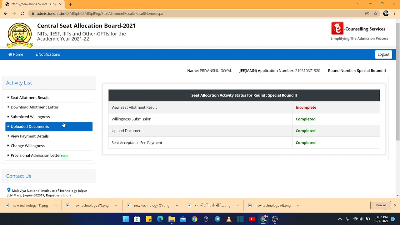 My CSAB 2021 seat allotment round-2 Result 😬