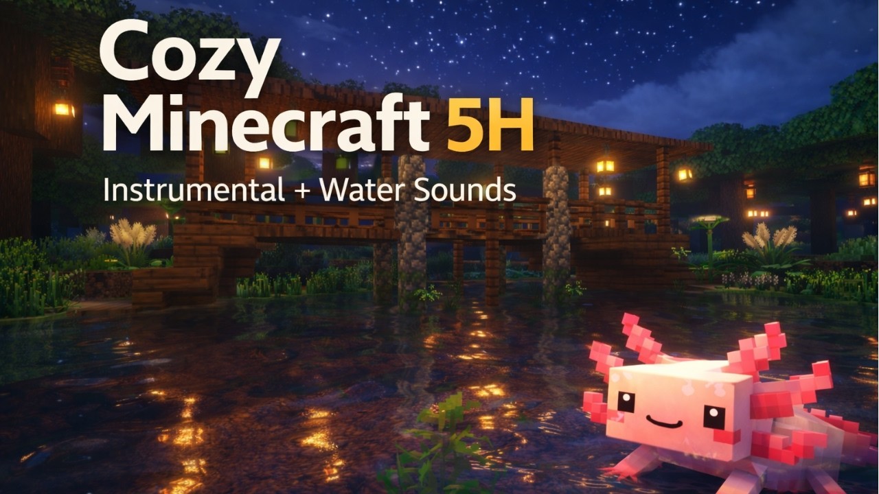 5 Hours of Relaxing Piano 🎹 – Cozy Minecraft Night Ambience 🌙✨ + Water Sounds 🌊🩷