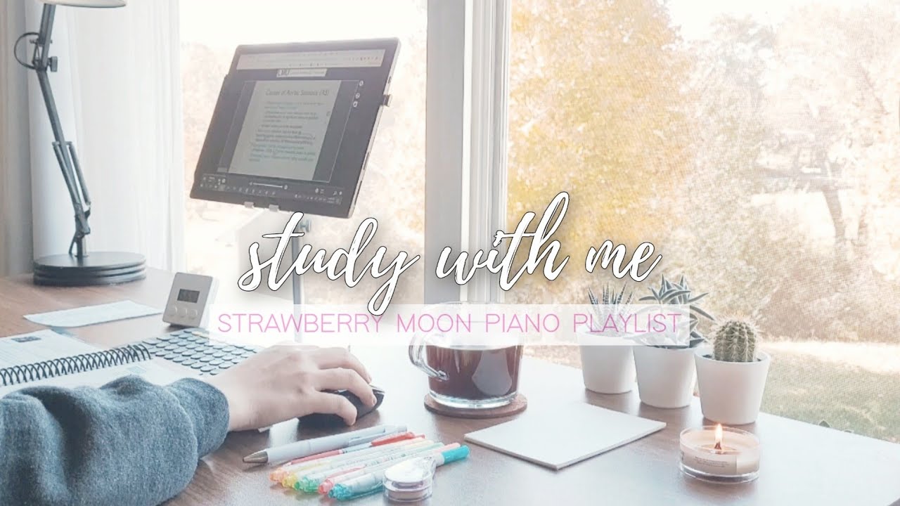 🍓 study with me | strawberry moon iu piano study music playlist, real-time, 1.5 hour, pomodoro 40/10