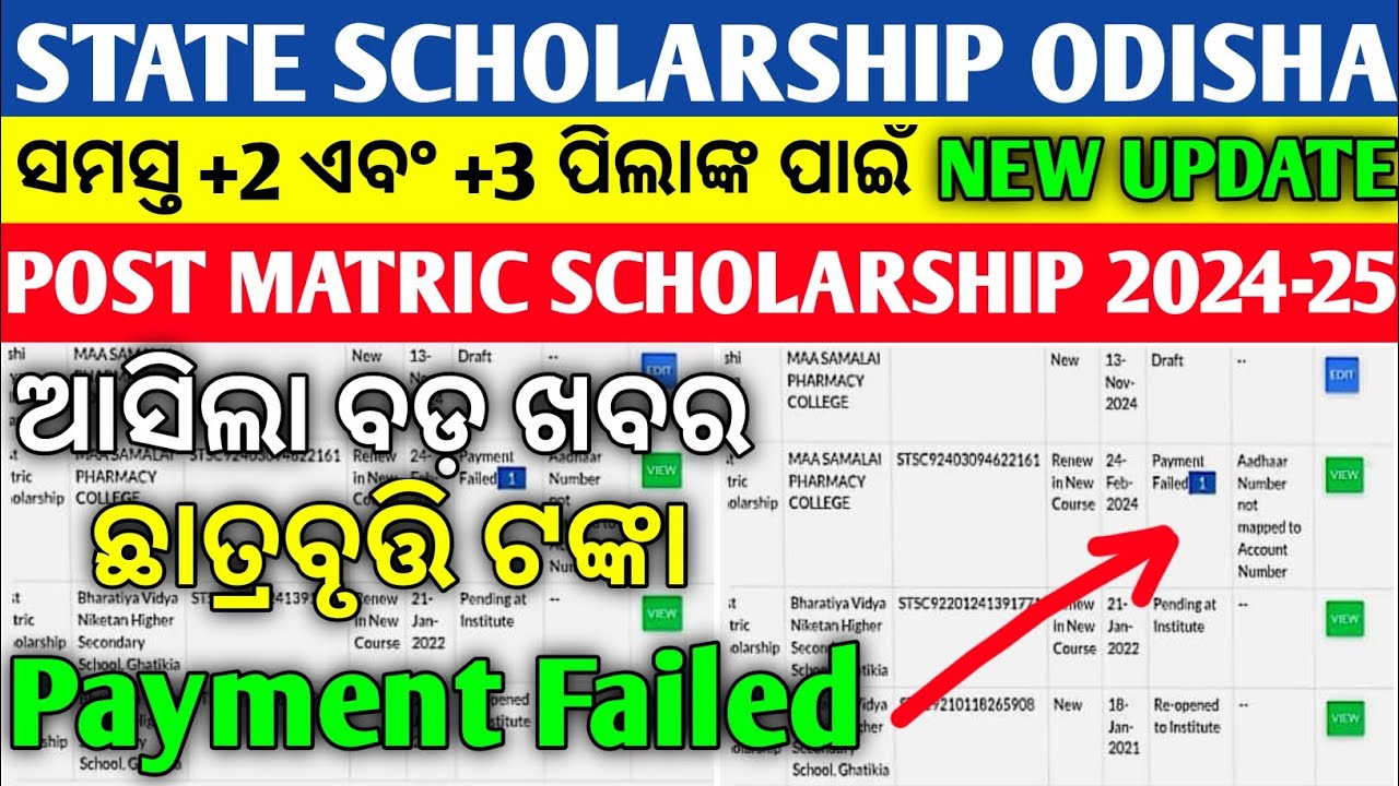 State Scholarship Odisha New Update Post Matric Scholarship Big News Scholarship Payment Failed.