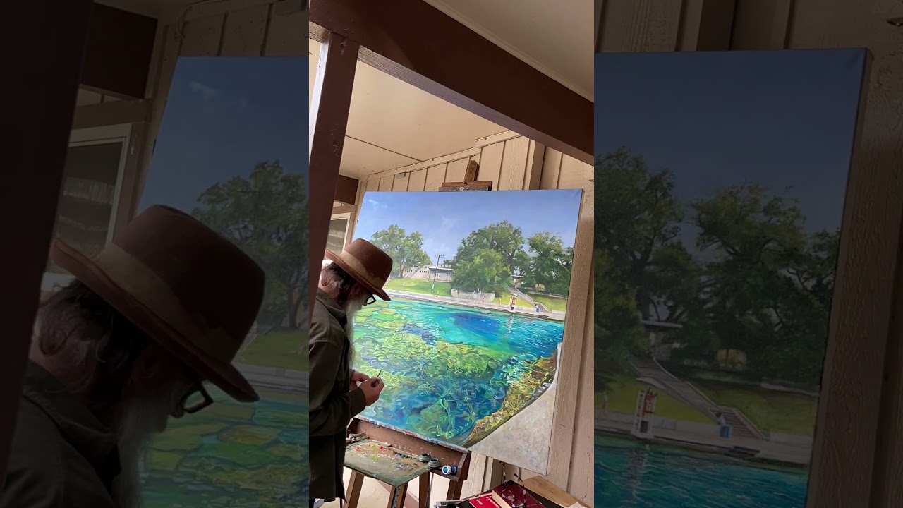 Barton Springs Pool painting WIP almost finished oil on canvas