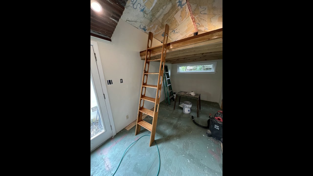Building the prettiest DIY library loft  ladder for loft access in the Tiny house camp camper thing.
