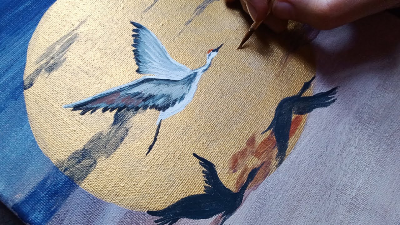Migrating Cranes Under The Moonlight / Acrylic Painting Techniques / Acrylic Painting 