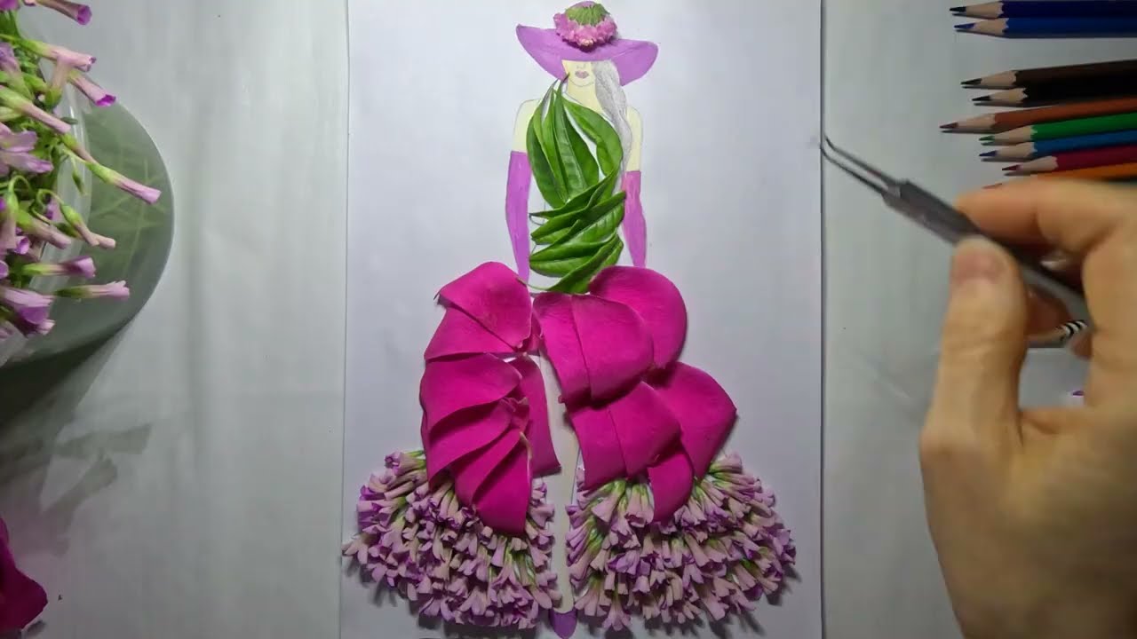 Crafting a pink flower dress over a lady's drawing/Сукня з рожевих квітів