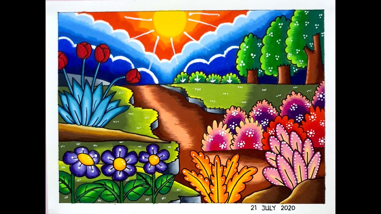 CARA GRADASI WARNA EP 232 ( MENGGAMBAR PEMANDANGAN TAMAN BUNGA MUDAH )