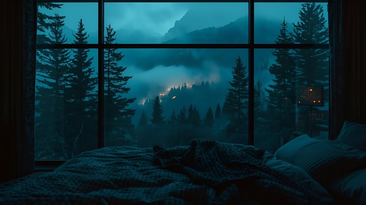 Heavy Rain Sounds for Sleeping | Cozy Mountain Bedroom with Foggy Forest View | 1 Hour ASMR