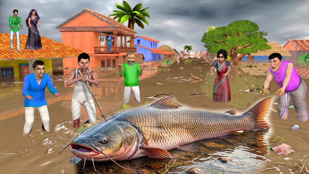 Giant Catfish Found in Village Floods Fish Caught Hindi Kahani Moral Stories Funny Comedy Video