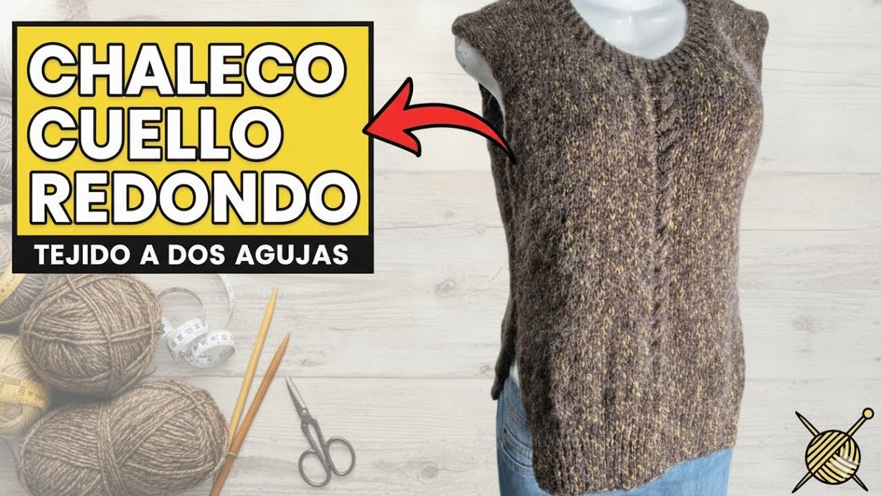 Chaleco CUELLO REDONDO a Dos Agujas!🧶 🪡🤩  F&aacute;cil y R&aacute;pido para Principiantes 🌷Patr&oacute;n completo 👇