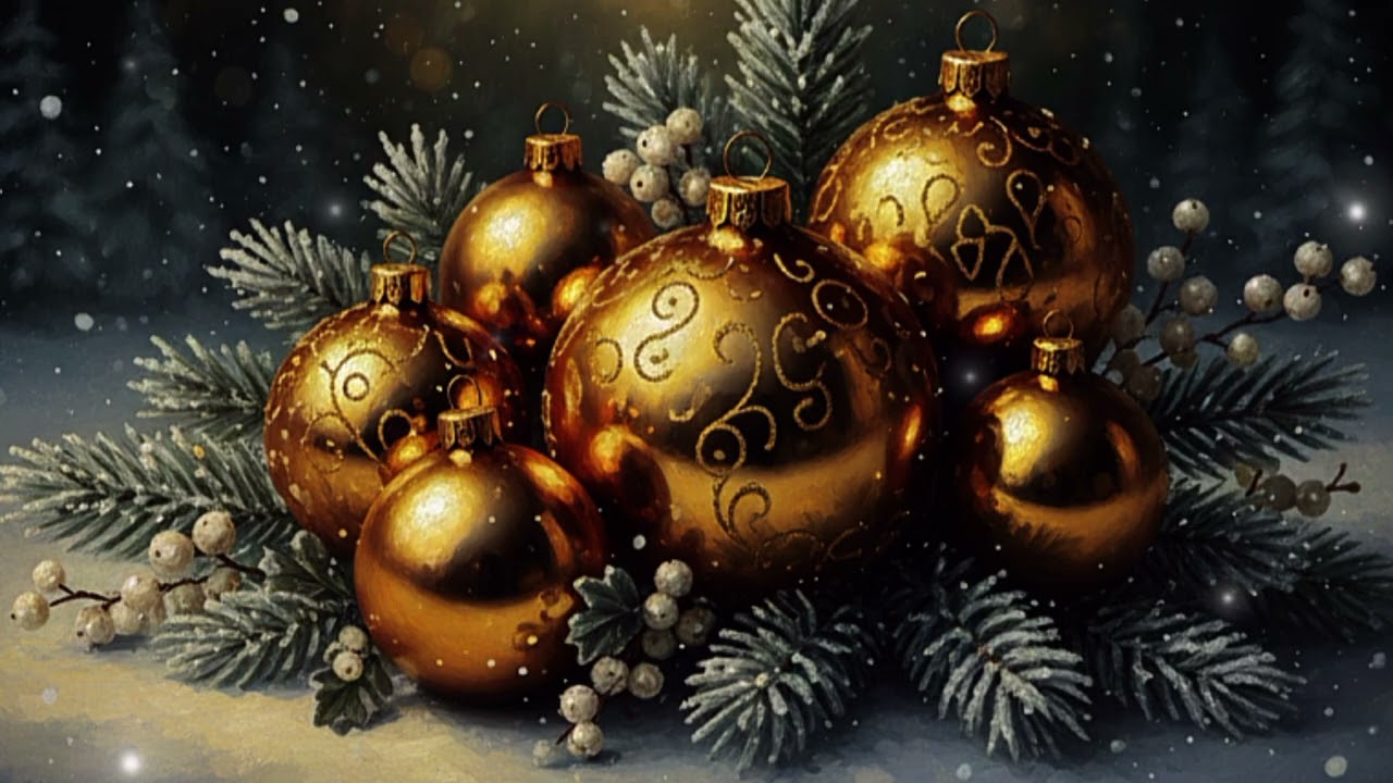 Golden Christmas Magic: Elegant Ornaments & Winter Pine | 4K Holiday Art