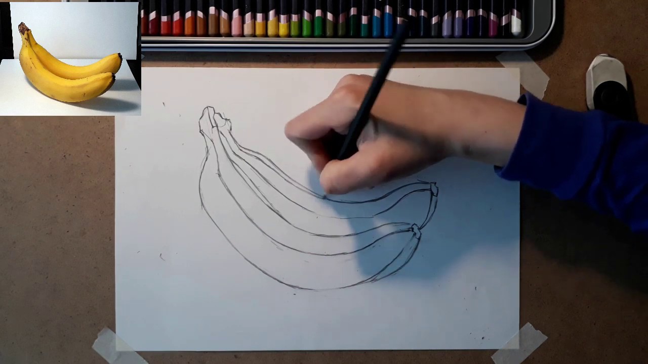 Рисование цветными карандашами. Этюд с бананами. Часть 1.