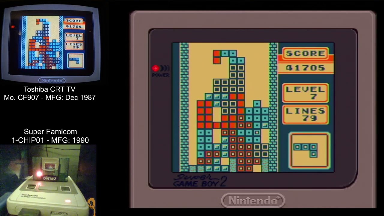 Vanilla Gameboy Tetris - SNES Real Hardware. Super Gameboy 2 / 1CHIP Mobo / CRT