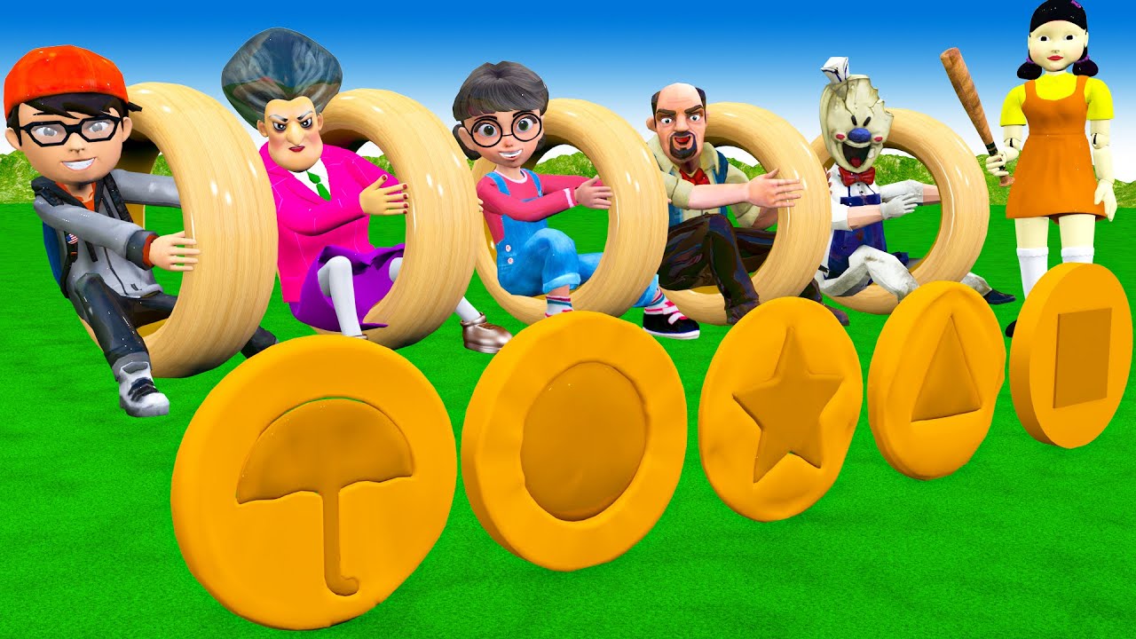 Scary Teacher 3D vs Squid Game WheelChair Wooden Door Peel Honeycomb Candy Shapes 5 Times Challenge