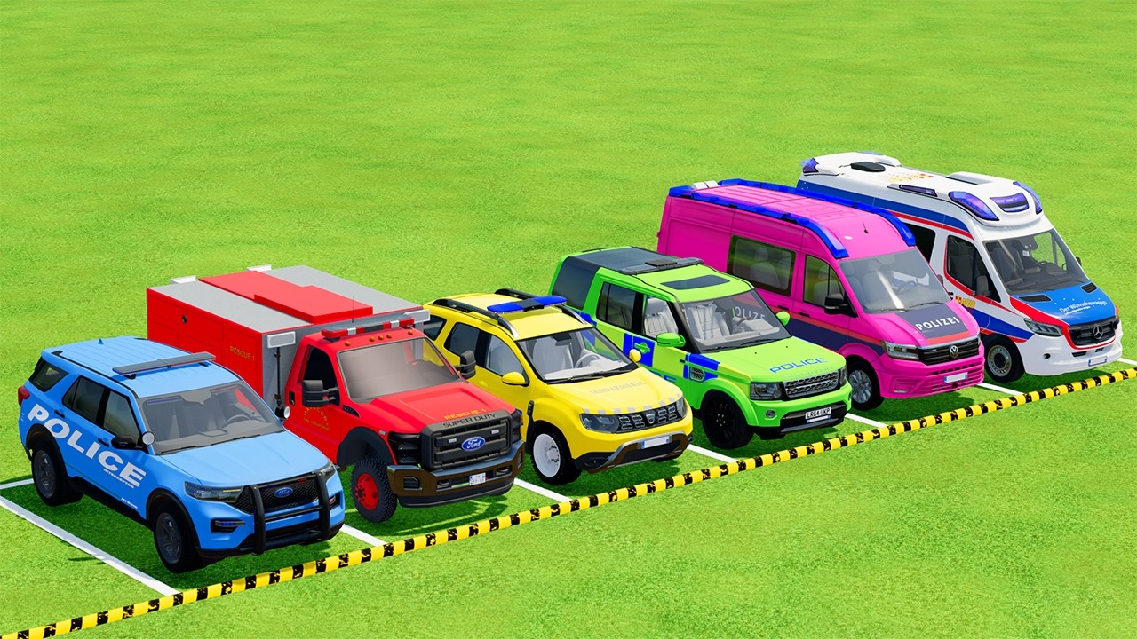 TRANSPORTING POLICE CARS, AMBULANCE, FIRE TRUCK, COLORFUL CARS WITH TRAIN - FARMING SIMULATOR 22 #27
