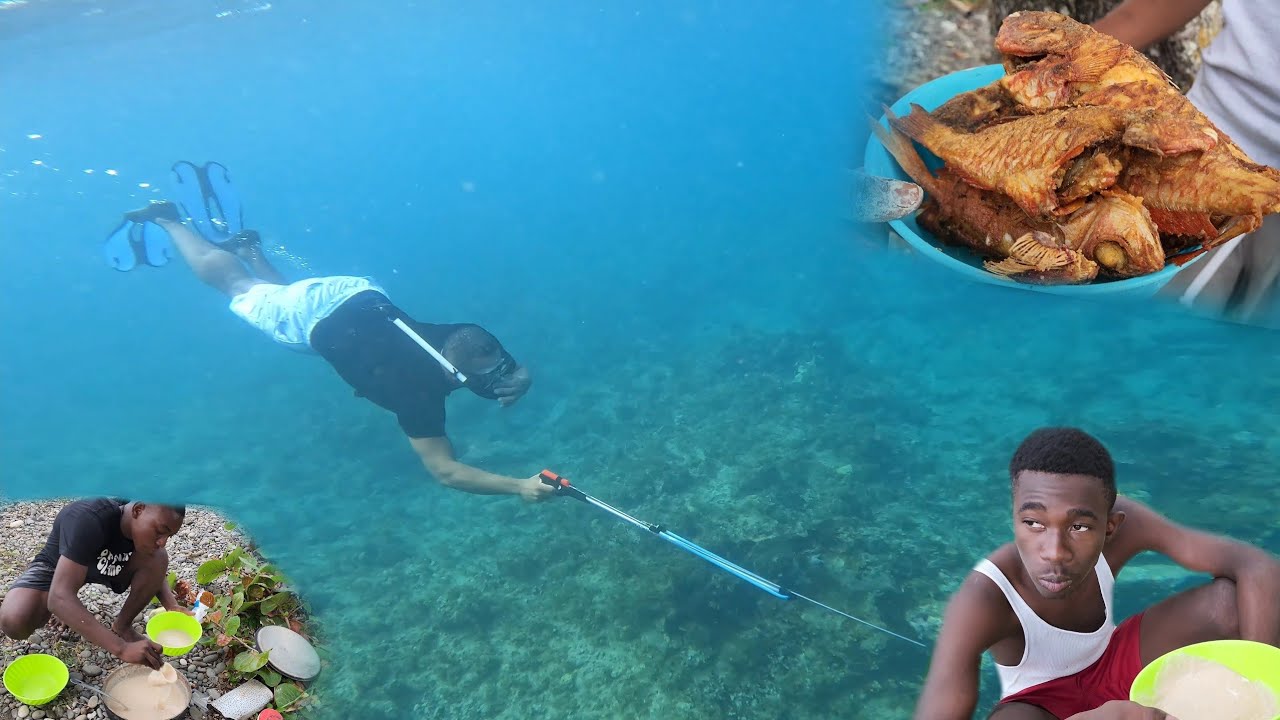 Coco porridge - Colaz tried spearfishing - got lessons - fried fish on the beach