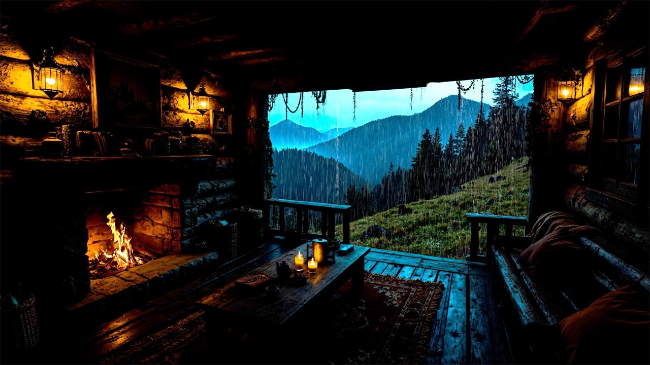 Thunderstorm with Lightning, Rain, Crackling Fireplace & Sleeping Cats in a Cozy Cabin - No Ads