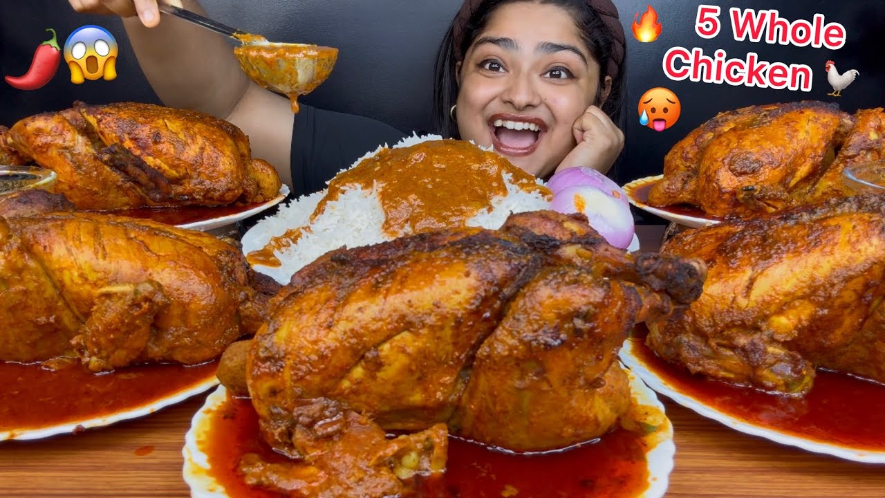 5 BIG SPICY WHOLE CHICKEN CURRY WITH BASMATI RICE AND ONION | ASMR EATING MUKBANG