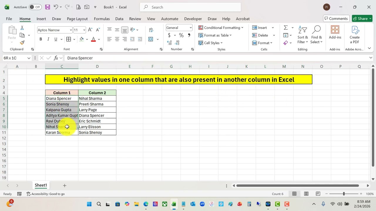 Highlight values in one column that are also present in another column as well in Excel