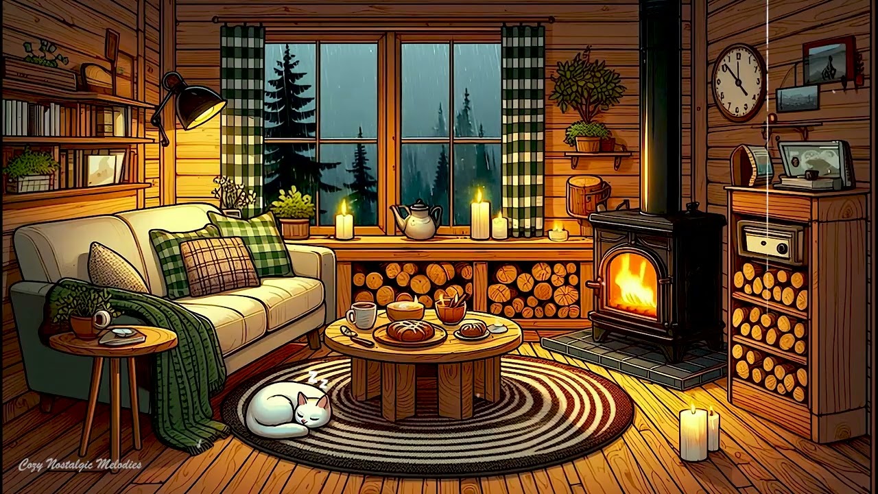 a cozy rainy night 1940s and you're listening to vintage music on a room cottage