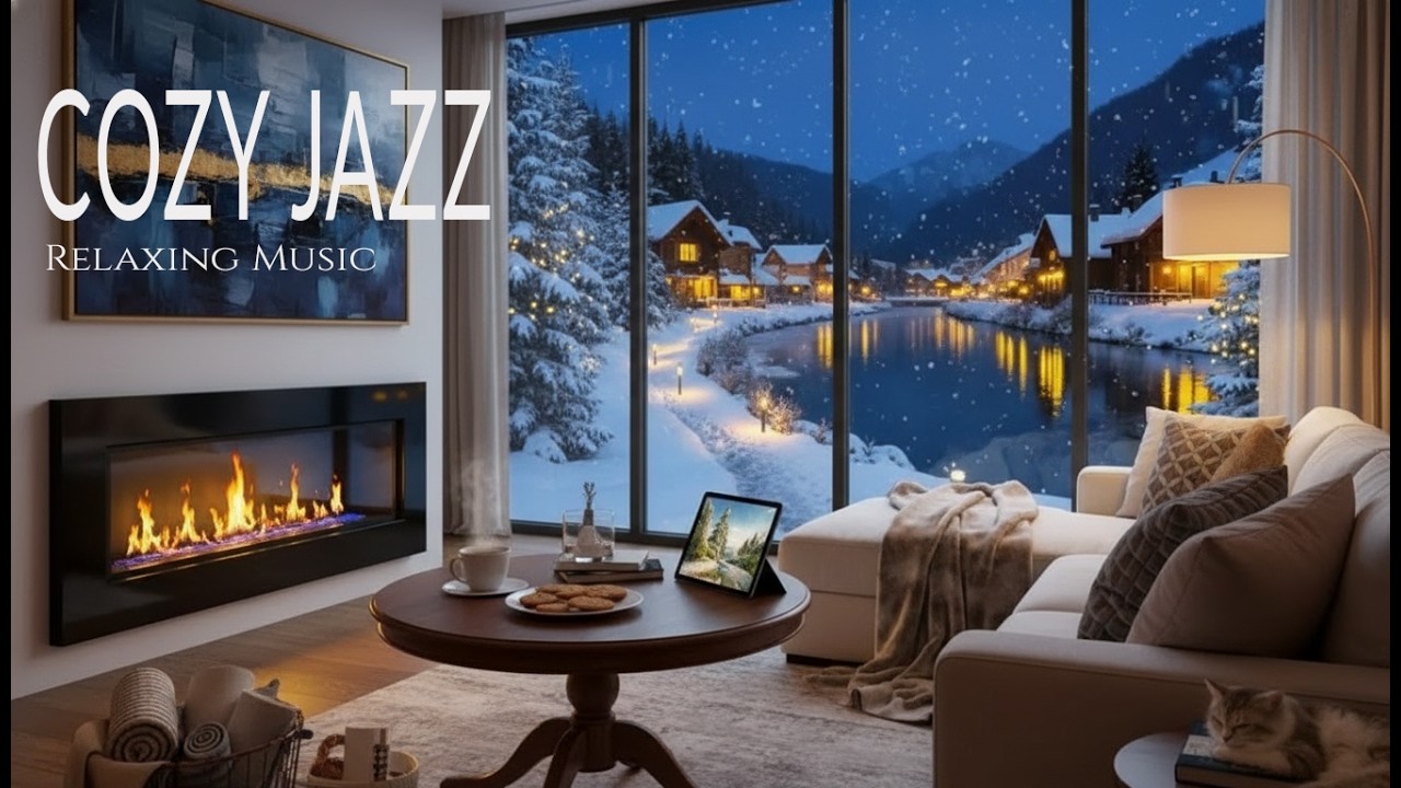 Cozy Winter Night Ambience ~ Relaxing Jazz Music and Warm Fireplace Sounds for Work and Study