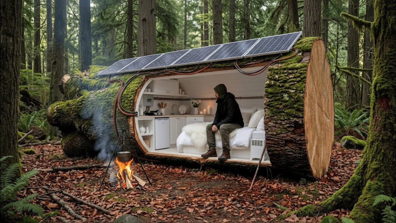 She Built a Hidden Mini House Inside a Giant Tree Trunk in the Forest