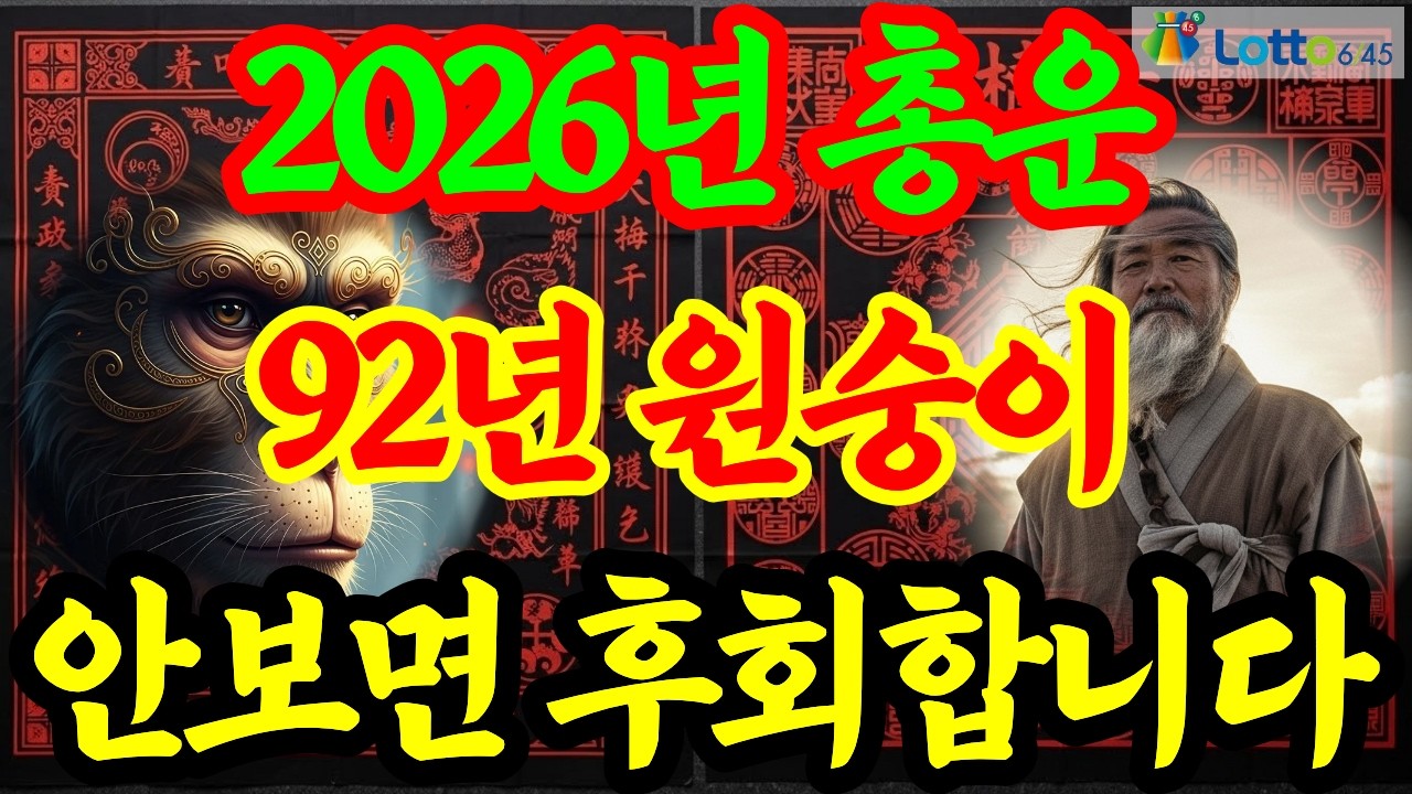 1992년 임신생 원숭이띠, 2026년(丙午年) 총운, 상세 운세(재물운, 문서운, 건강운, 사업운, 직업운, 대인관계운, 애정운, 가정운 등) 및 2026년 행운 번호 공개