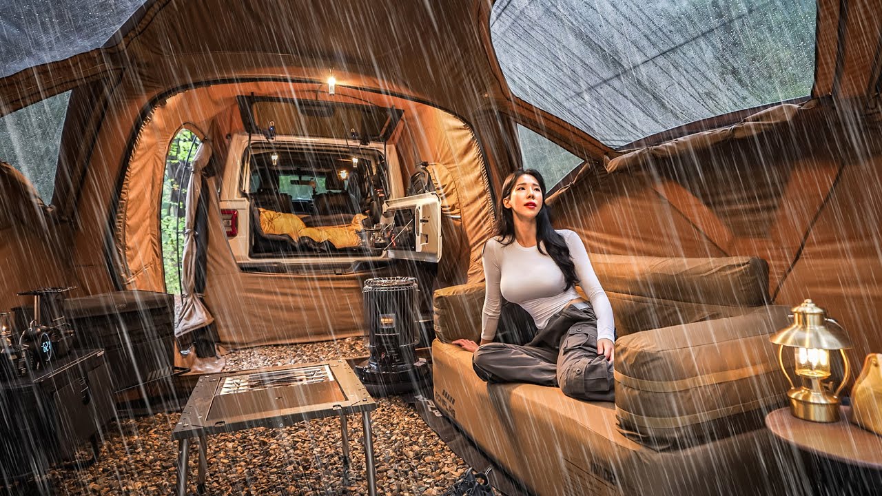 ☔️CAMPING IN THE RAIN WITH A NEW CAR TENT