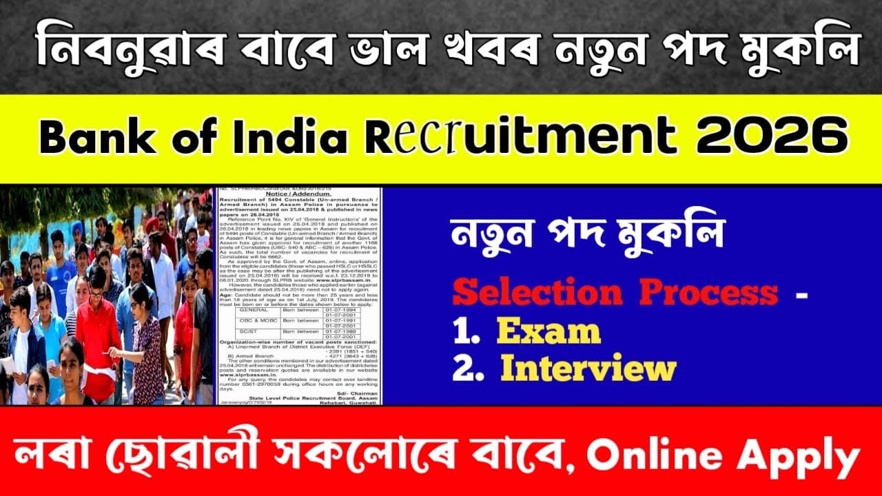 নতুন চাকৰি , নতুন খবৰ / Bank of India Recruitment 2026 / Job Assam / Job News Today / Job Vacancy 