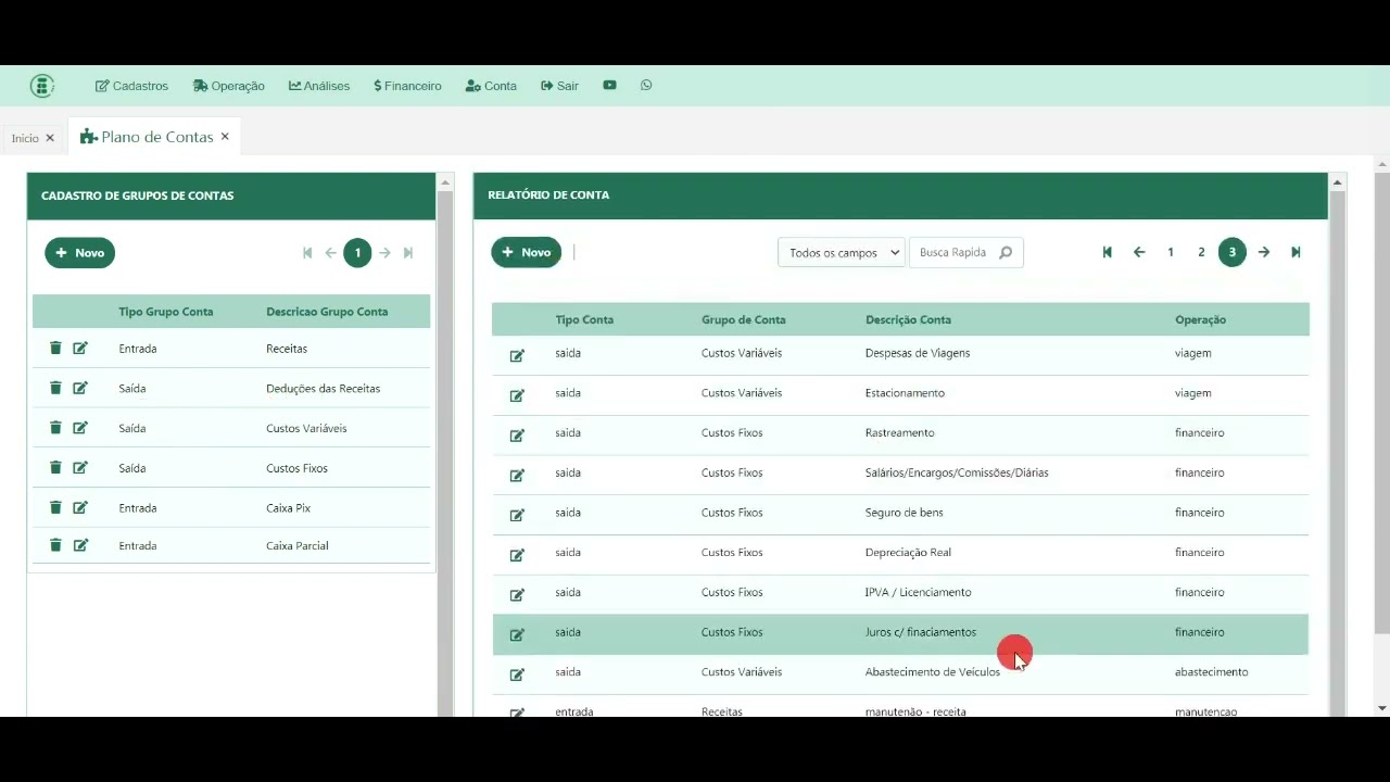 SISTEMA CONTROLE DE FROTA - FINANCEIRO - PLANO DE CONTAS