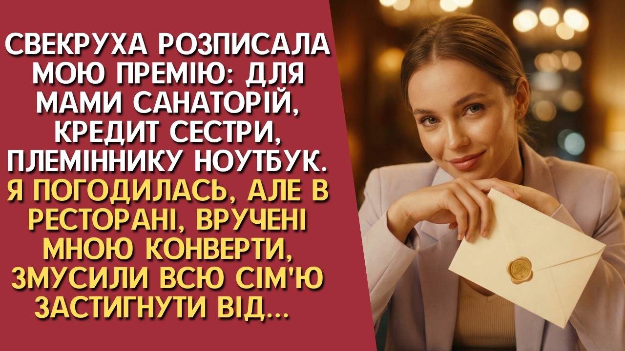 Свекруха розписала мою премію: мамі Карпати, Лесі кредит, Віталіку ноут. Я погодилась, але за столом