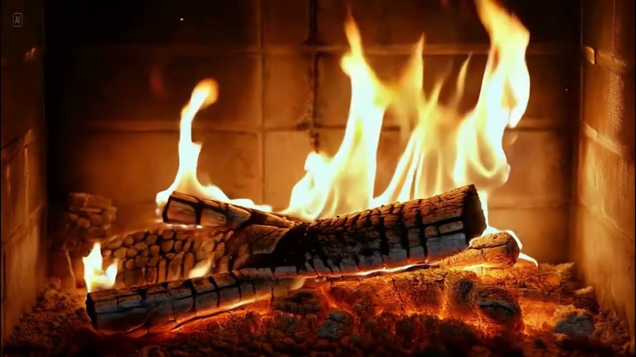 A warm winter night by a glowing fireplace with soothing crackling wood