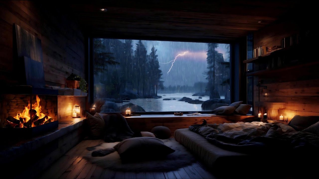 Deep Sleep Thunderstorm Haven (No Ads) Cozy Fireplace, Rain, Gentle Wind & Distant Thunder • 8 Hours