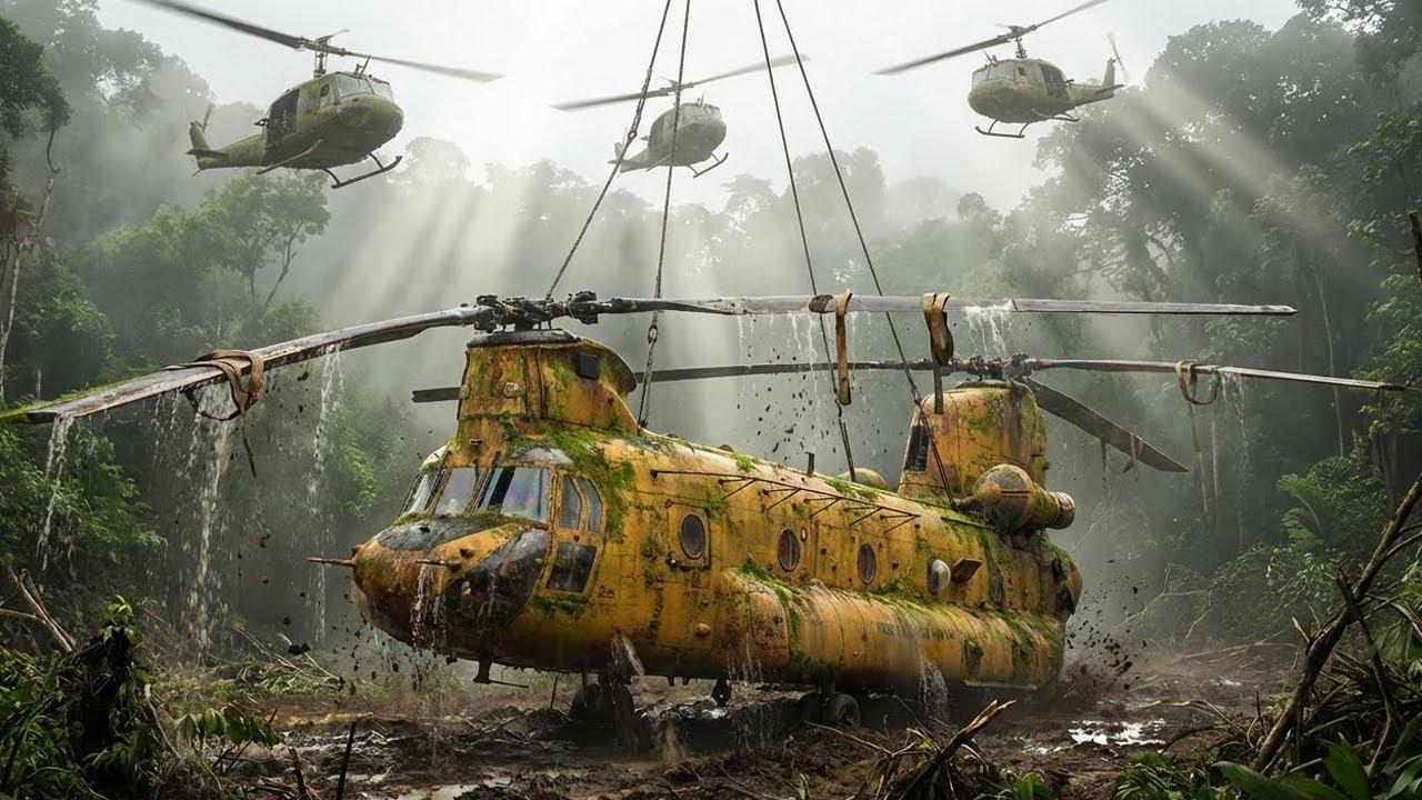 We recovered the downed CH-47 Chinook helicopter from the jungle – it has been fully restored.