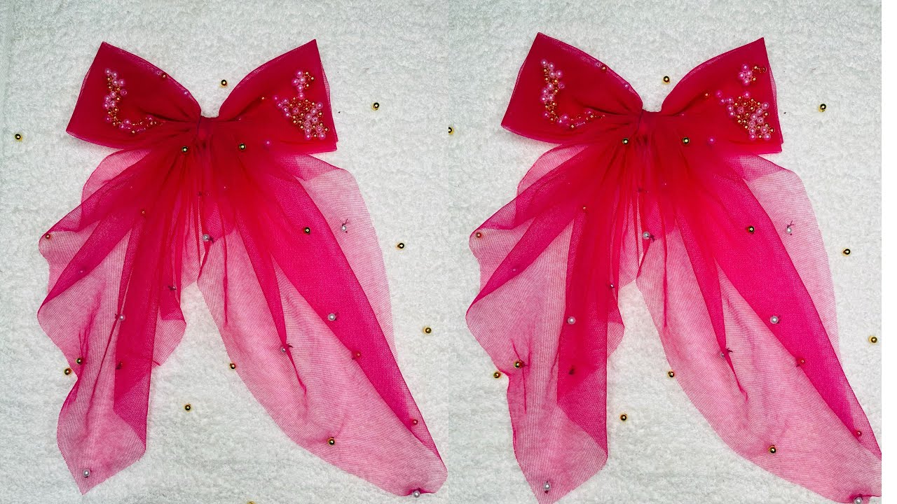 DIY hair clip || Beautiful bow with long tails 🎀 net fabric bow clip || How to make bow hair clip 🥰